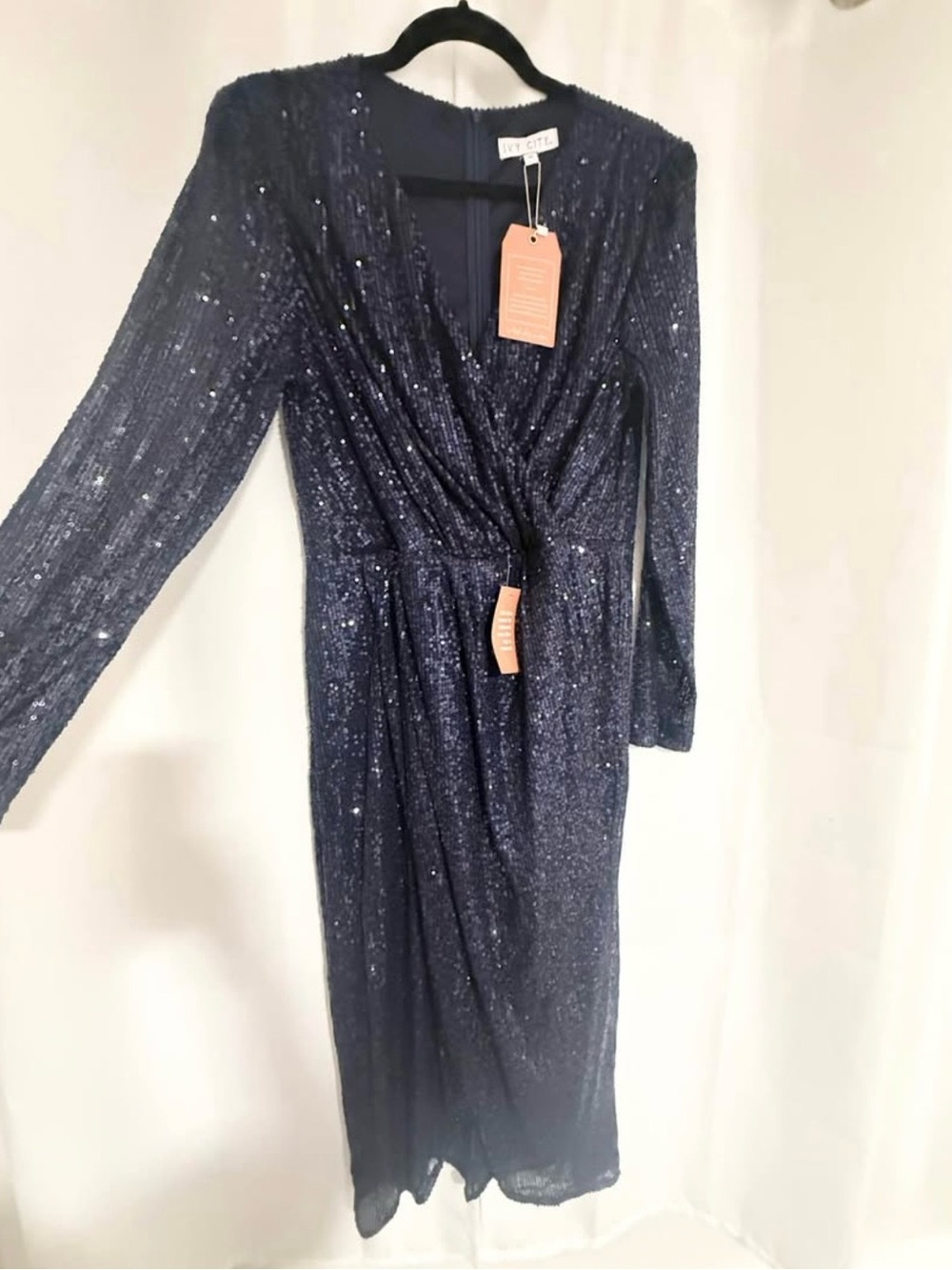 Ivy City Co Navy Sequin Midi Wrap Dress